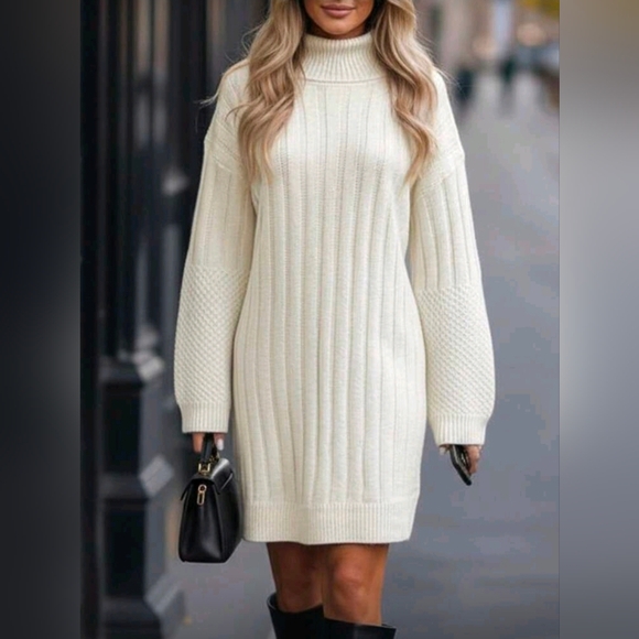New Mixed Ribbed Knit Turtleneck Short Sweater Dress Long Sleeve Ivory Cream - Picture 7 of 9